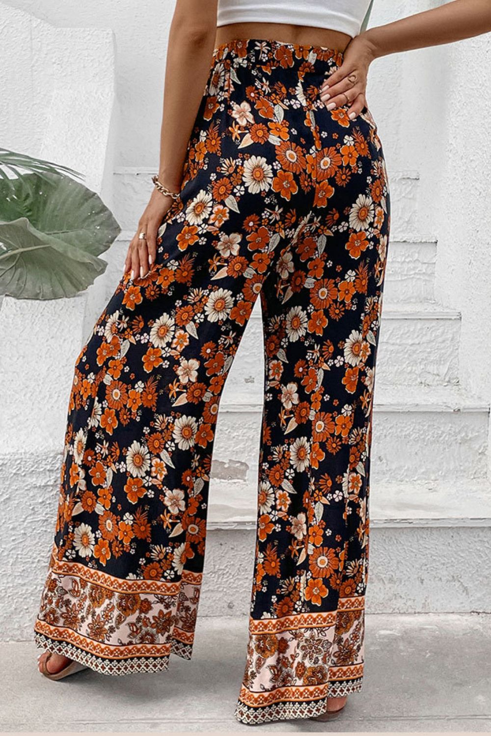 Perfee Floral Wide Leg Pants with Pockets