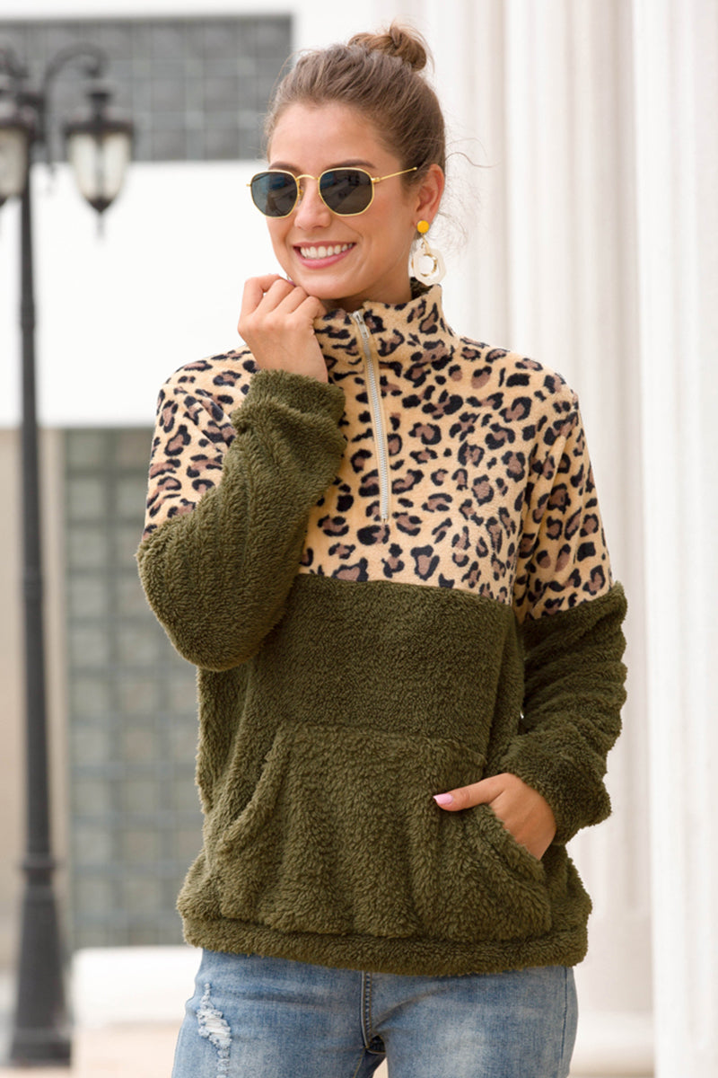 Ivy Lane Leopard Zip-Up Turtle Neck Dropped Shoulder Sweatshirt