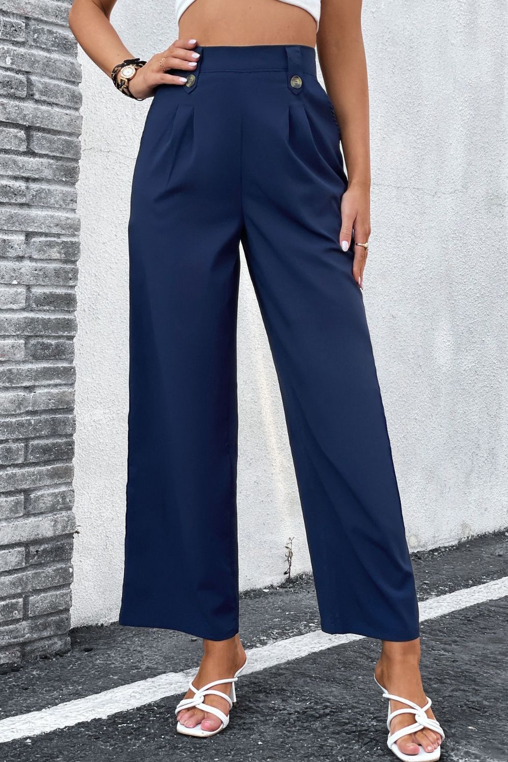 Perfee High-Rise Pleated Waist Wide Leg Pants