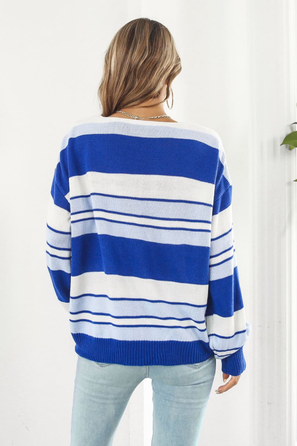 Striped V-Neck Dropped Shoulder Sweater