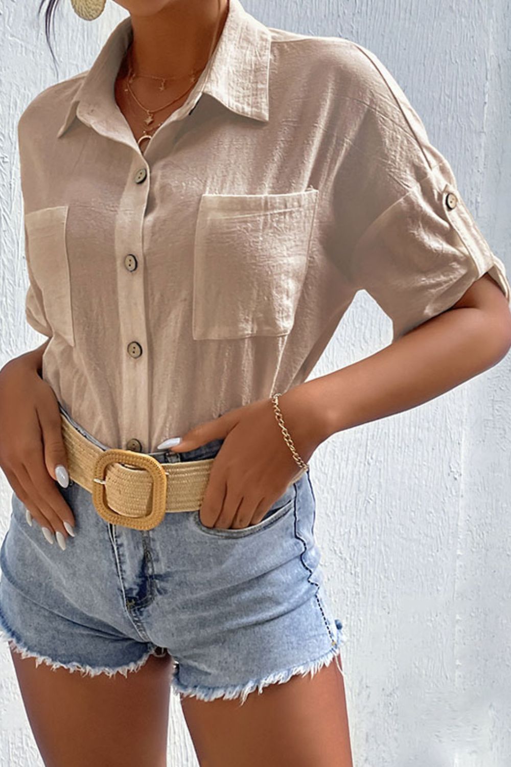 Perfee Roll-Tab Sleeve Shirt with Pockets