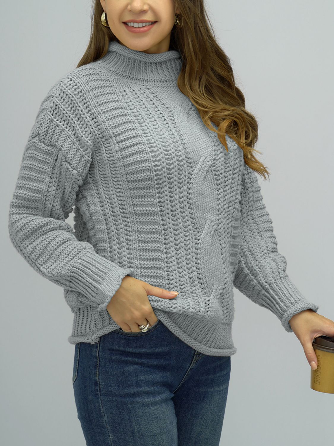 Shiny Cable-Knit Mock Neck Sweater