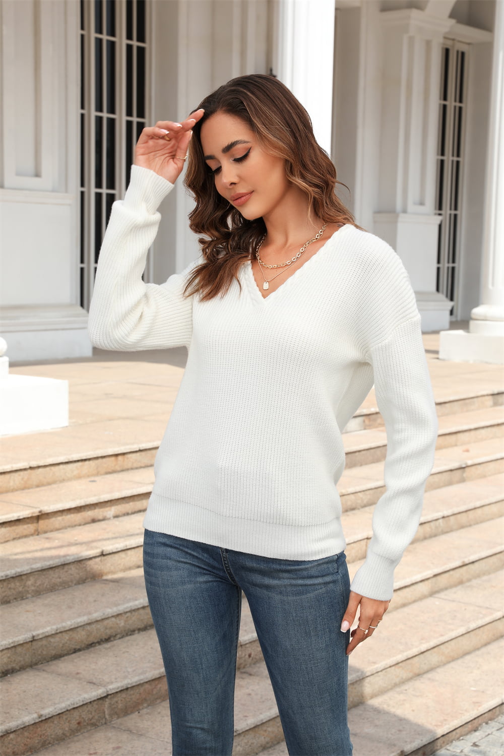 Angel Wings Ribbed V-Neck Dropped Shoulder Knit Top