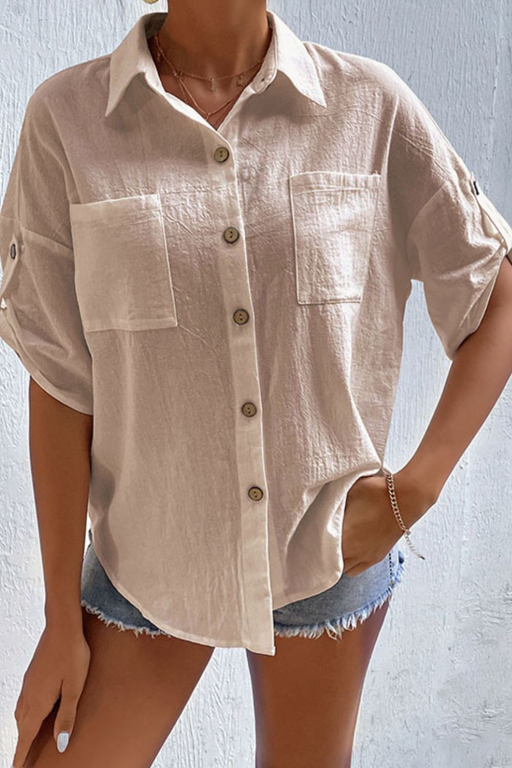 Perfee Roll-Tab Sleeve Shirt with Pockets