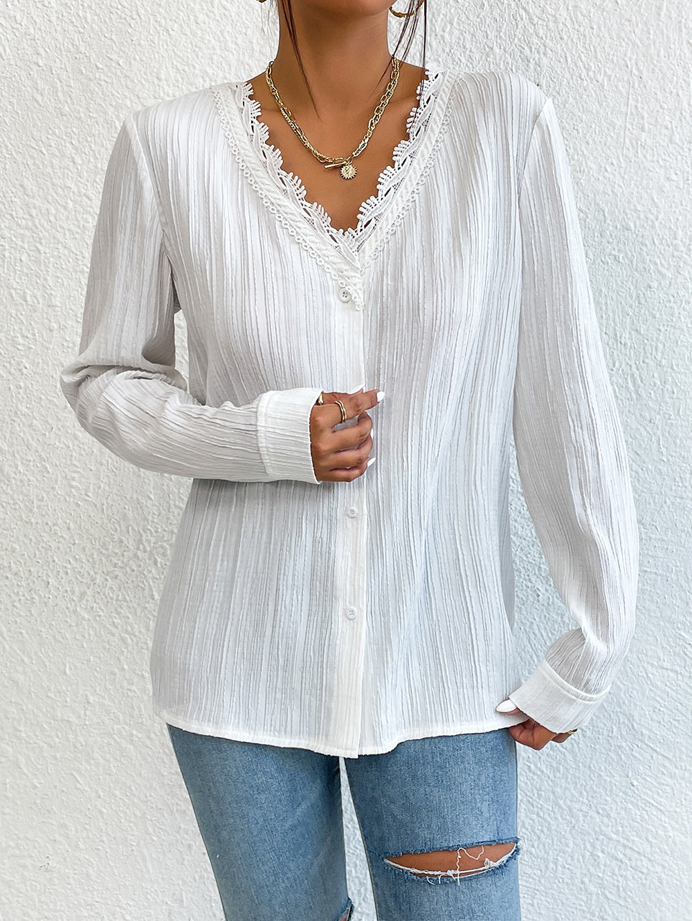 Ivy Lane Lace Trim V-Neck Long Sleeve Shirt