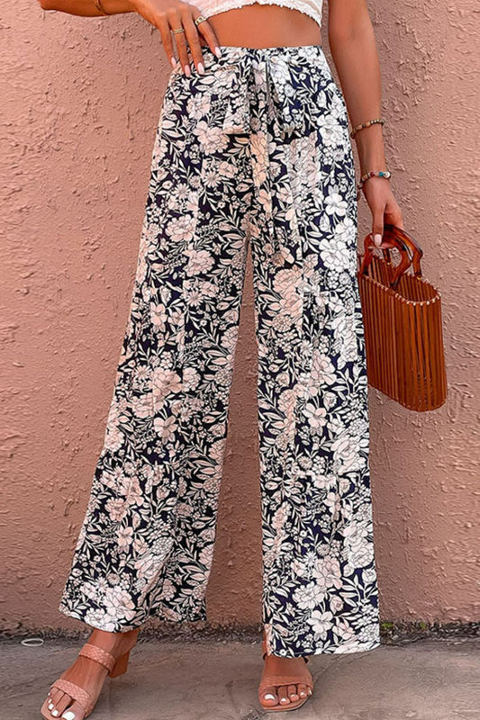 Perfee Floral Belted Wide Leg Pants