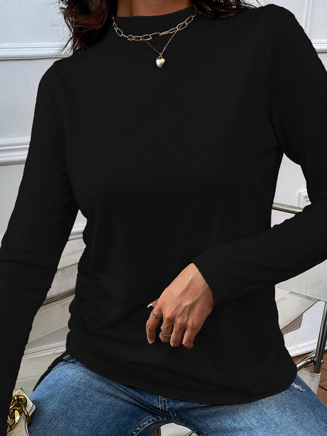 Shiny Mock Neck Long Sleeve Knit Top