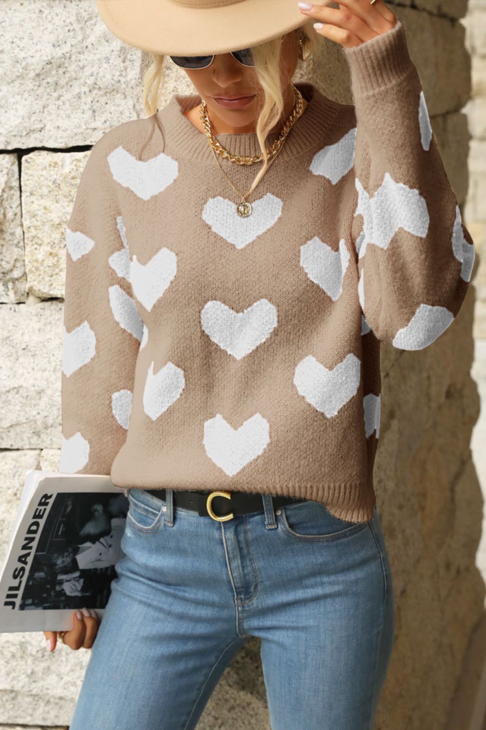 Perfee Heart Pattern Dropped Shoulder Sweater