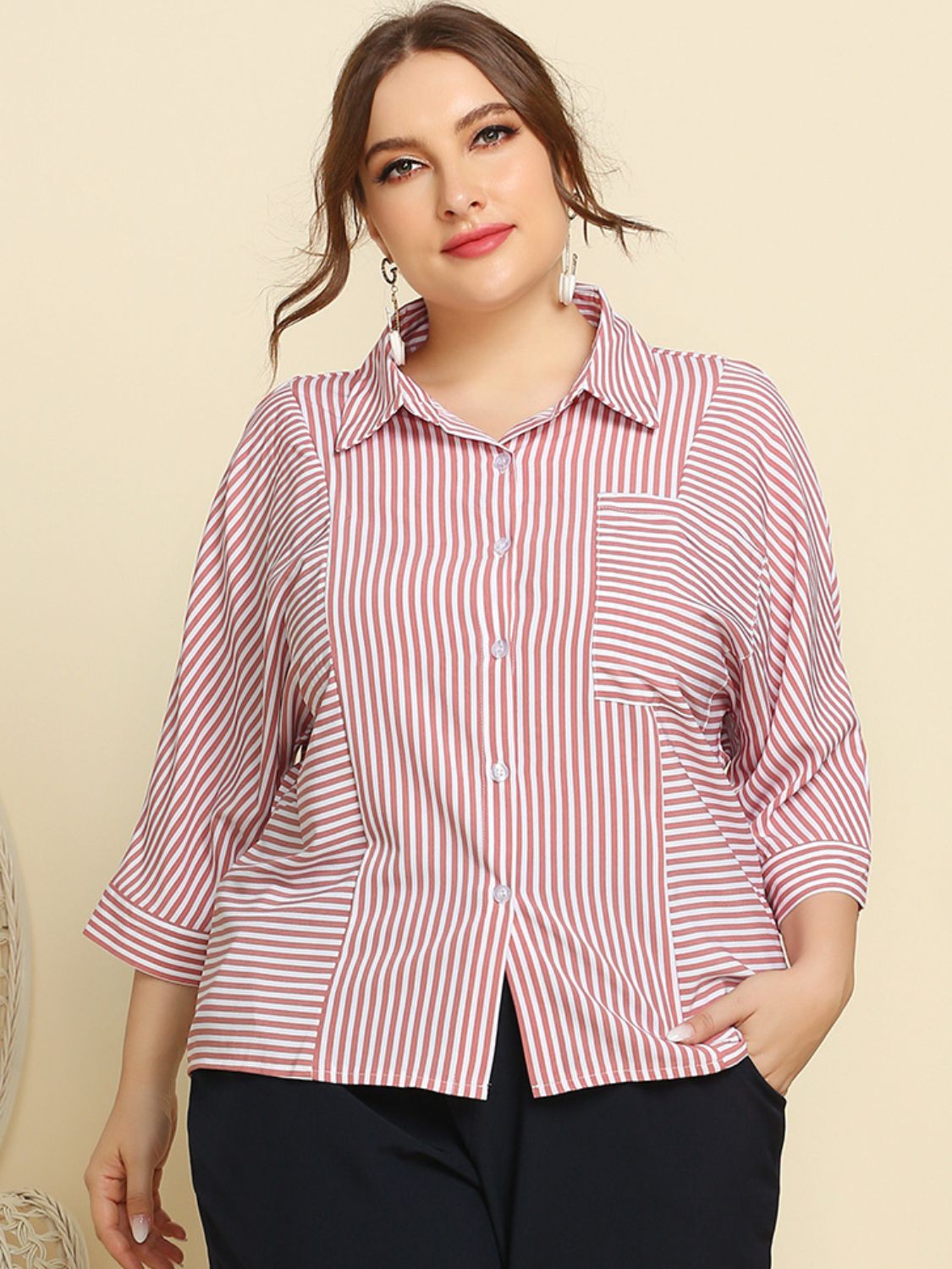 Plus Size Striped Three-Quarter Sleeve Shirt