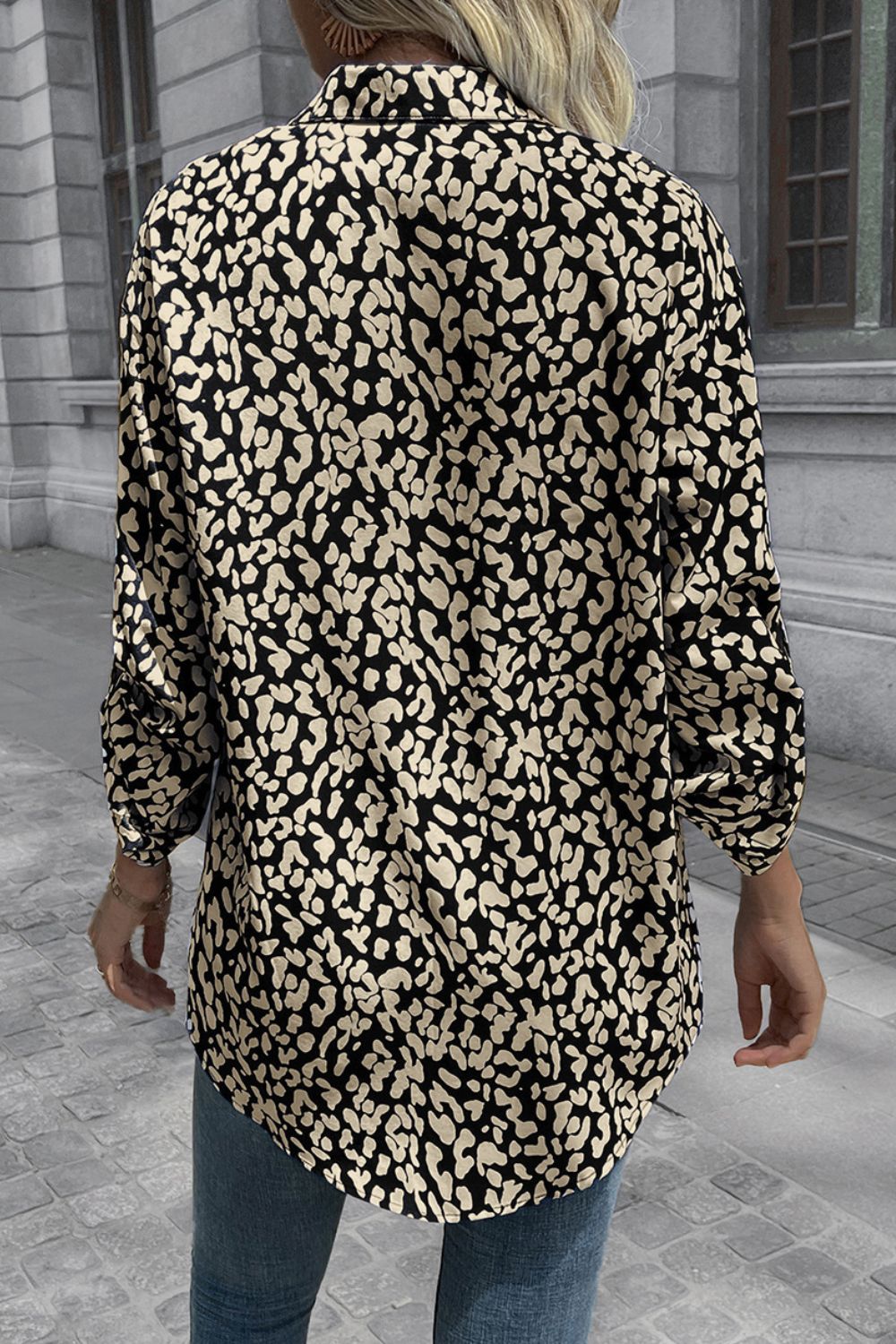 Ivy Lane Leopard Roll-Tap Sleeve Shirt