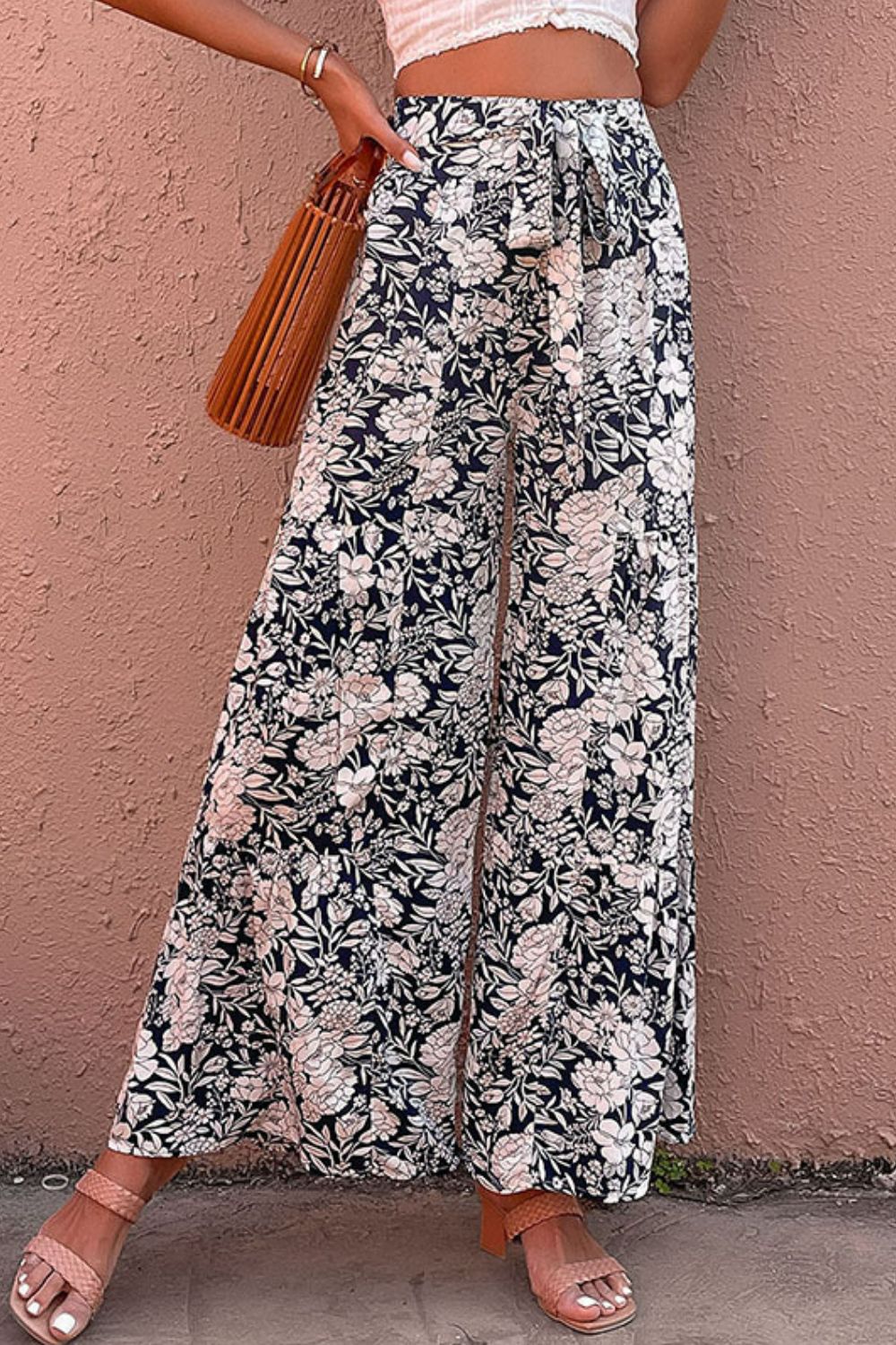 Perfee Floral Belted Wide Leg Pants