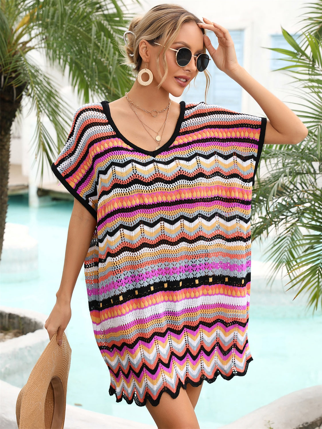 Angel Wings Rainbow Stripe Scalloped V-Neck Cover-Up Dress