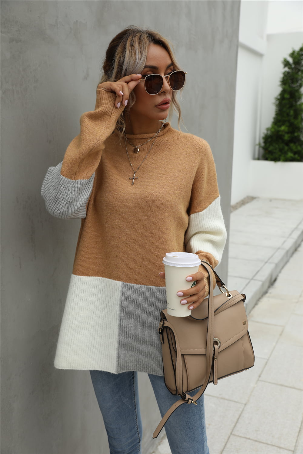 Angel Wings Color Block Round Neck Dropped Shoulder Sweater