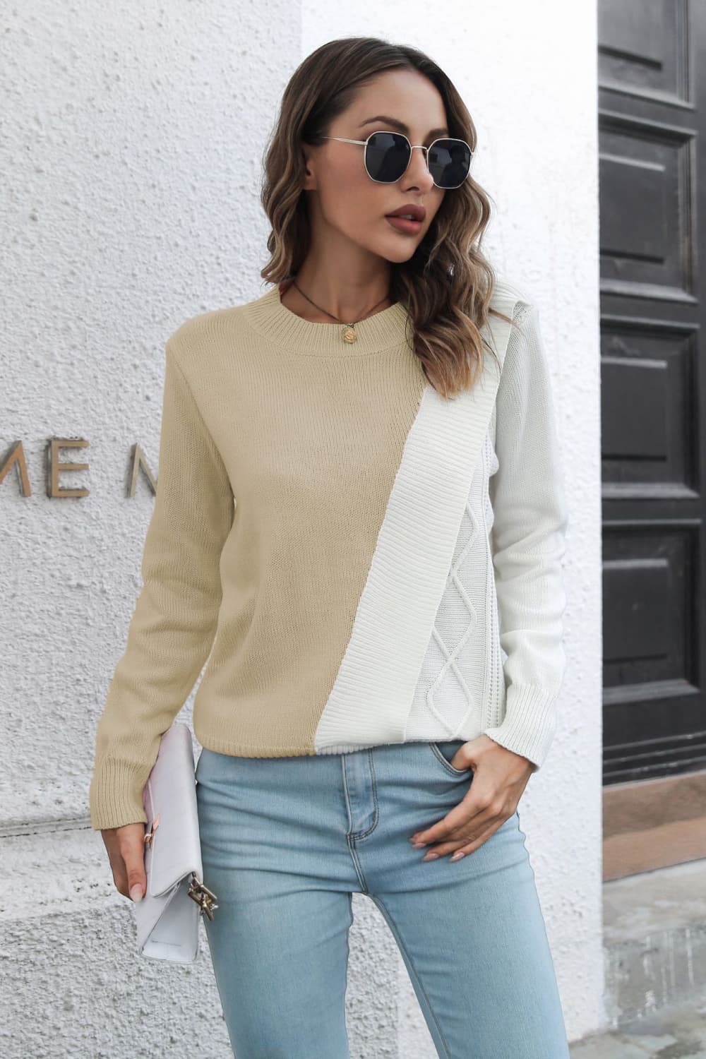 Contrast Color Round Neck Long Sleeve Sweater