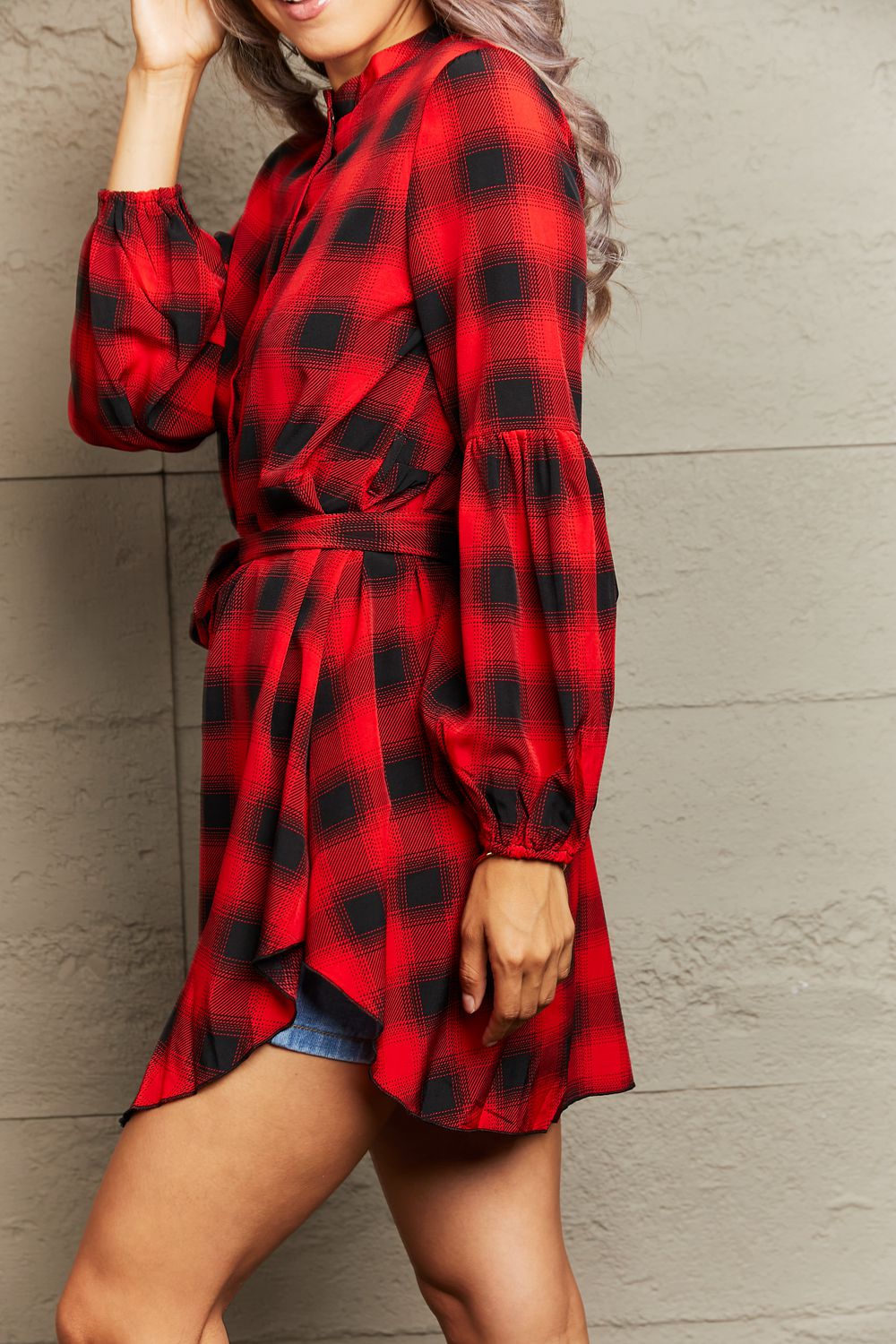 Honey Plaid Tie Waist Balloon Sleeve Mini Dress