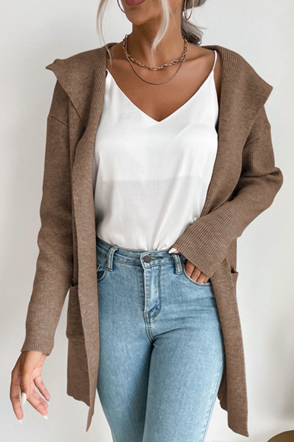 Perfee Ribbed Open Front Hooded Cardigan with Pockets