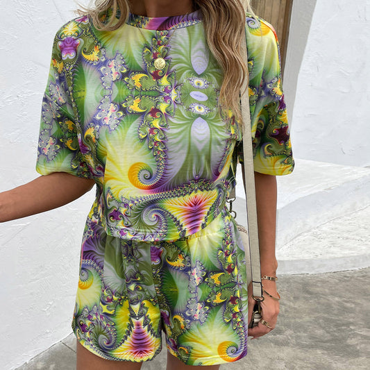 Shiny Printed Round Neck Dropped Shoulder Half Sleeve Top and Shorts Set