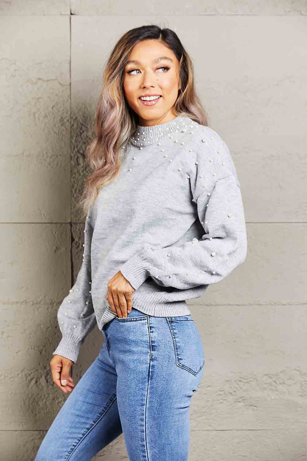 Perfee Woven Right Pearl Dropped Shoulder Ribbed Trim Sweater