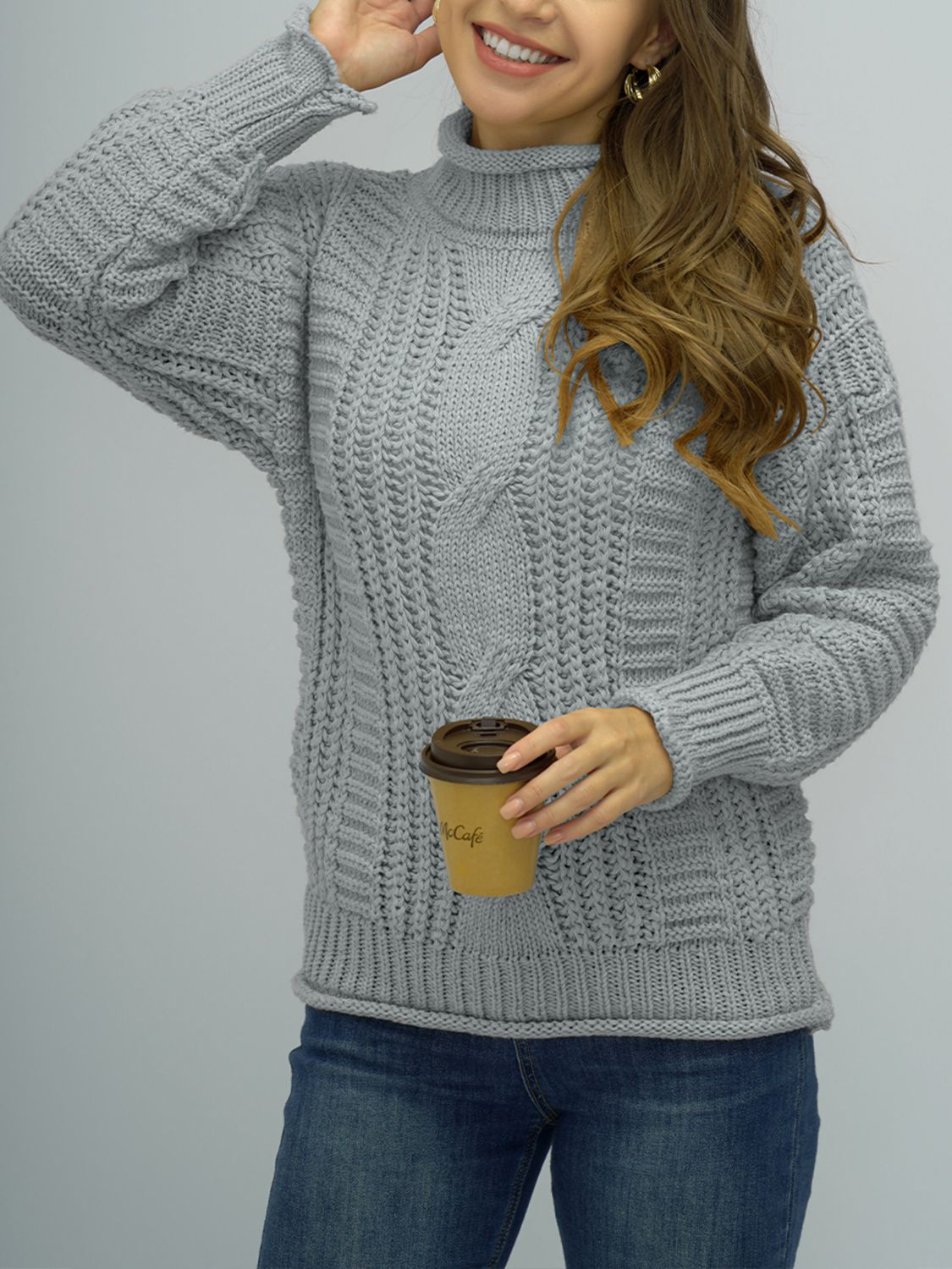 Shiny Cable-Knit Mock Neck Sweater