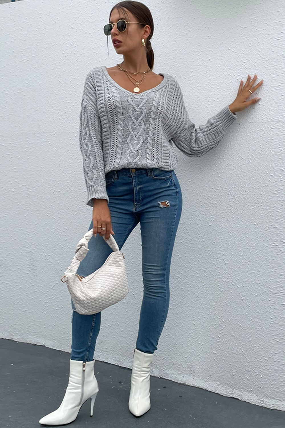 Shiny V-Neck Cable-Knit Long Sleeve Sweater