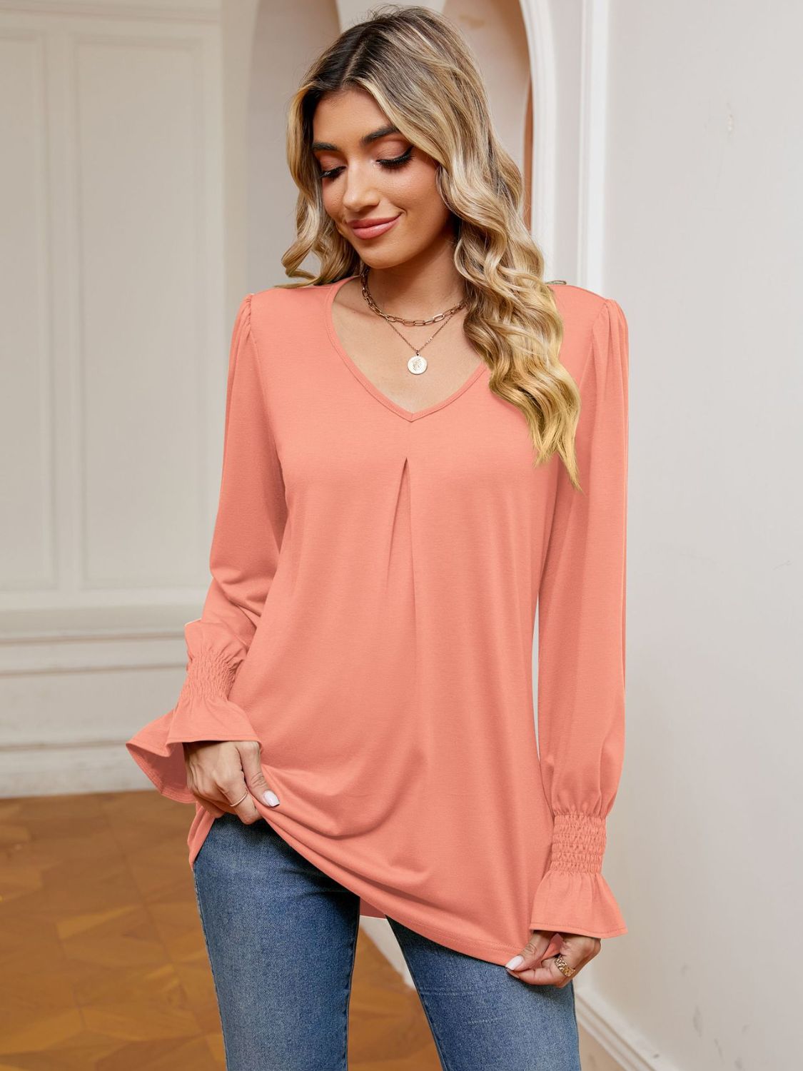 V-Neck Flounce Sleeve Blouse