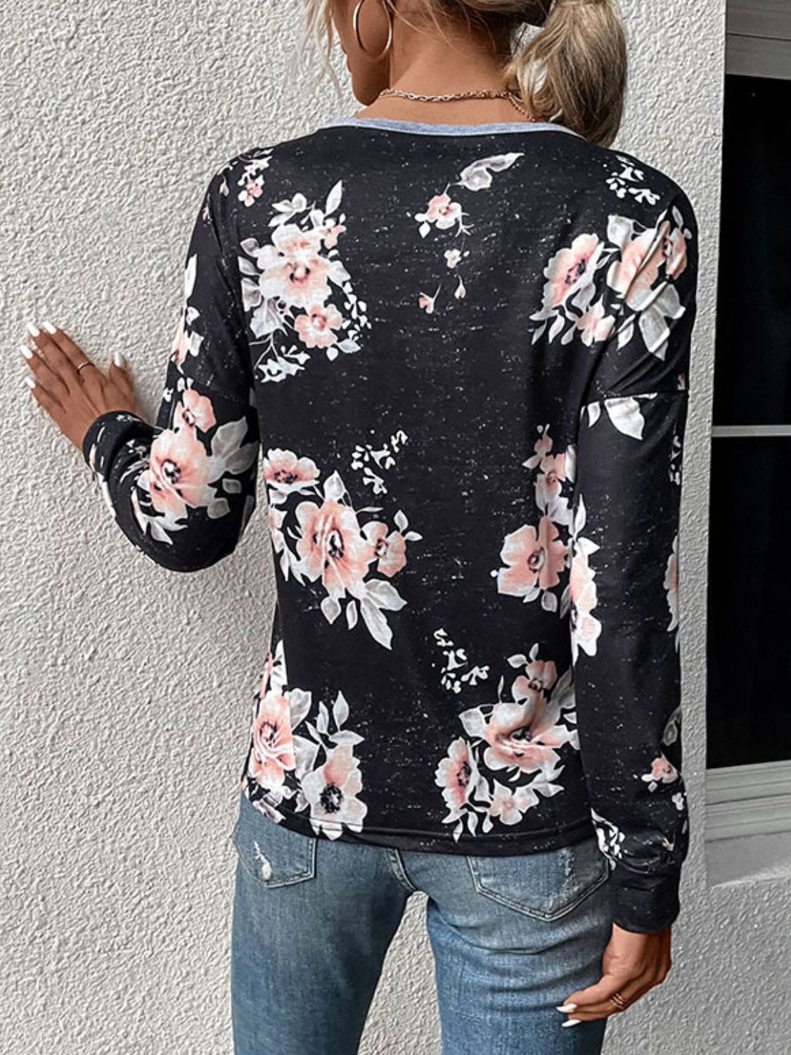 Perfee Floral Print Contrast Round Neck Dropped Shoulder Sweatshirt