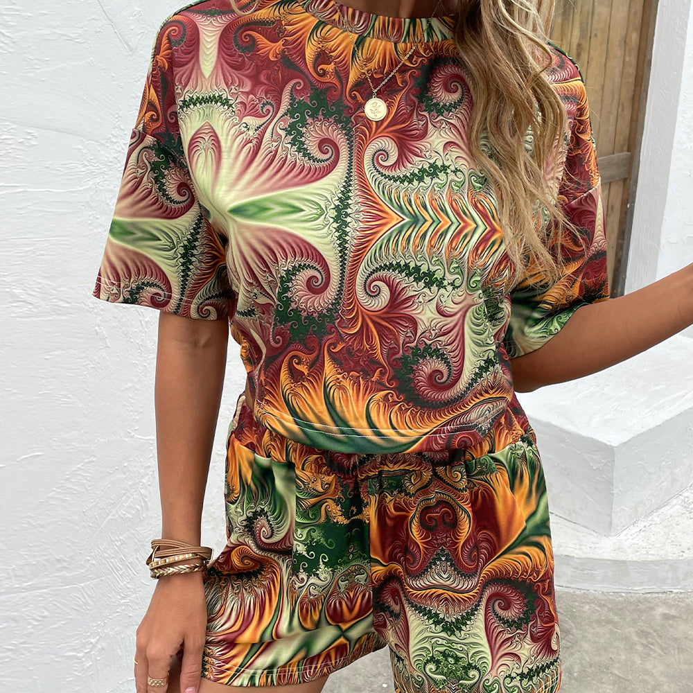 Shiny Printed Round Neck Dropped Shoulder Half Sleeve Top and Shorts Set