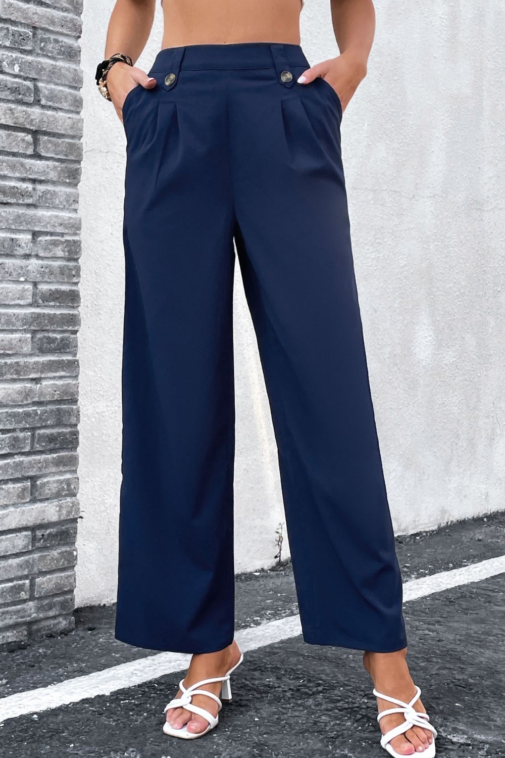 Perfee High-Rise Pleated Waist Wide Leg Pants