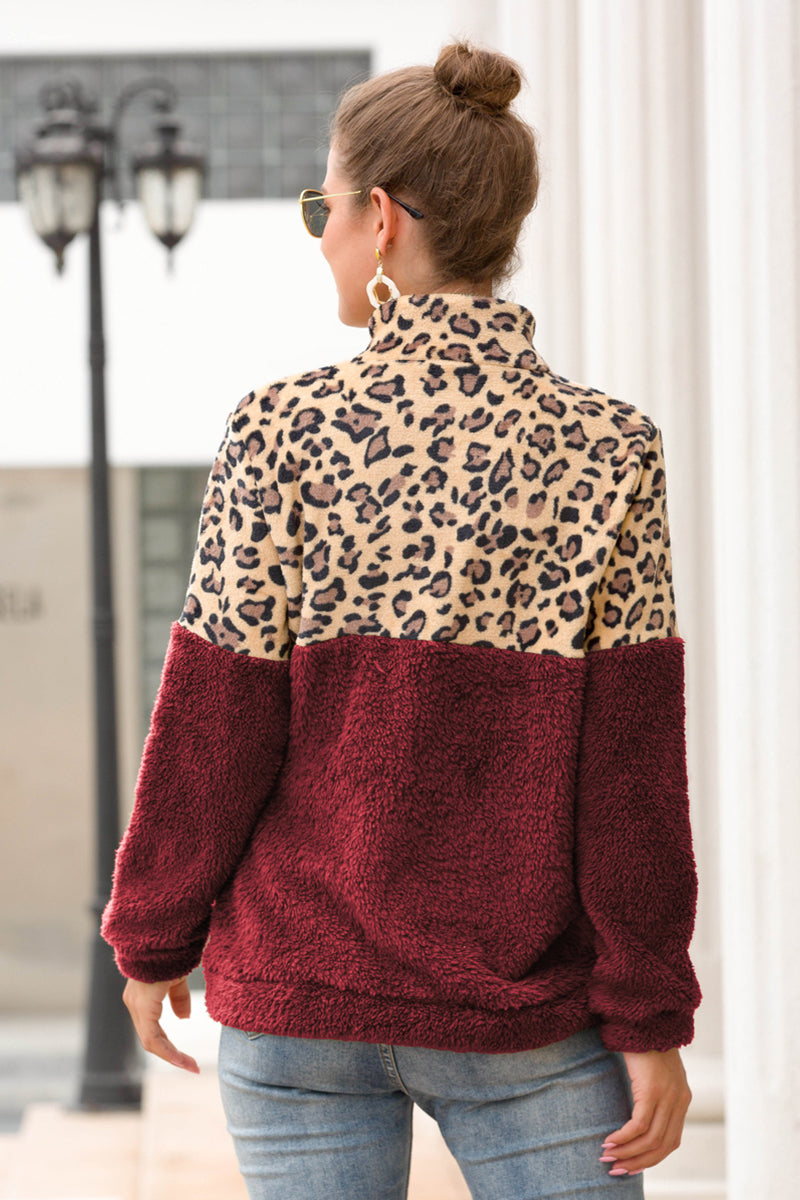 Ivy Lane Leopard Zip-Up Turtle Neck Dropped Shoulder Sweatshirt