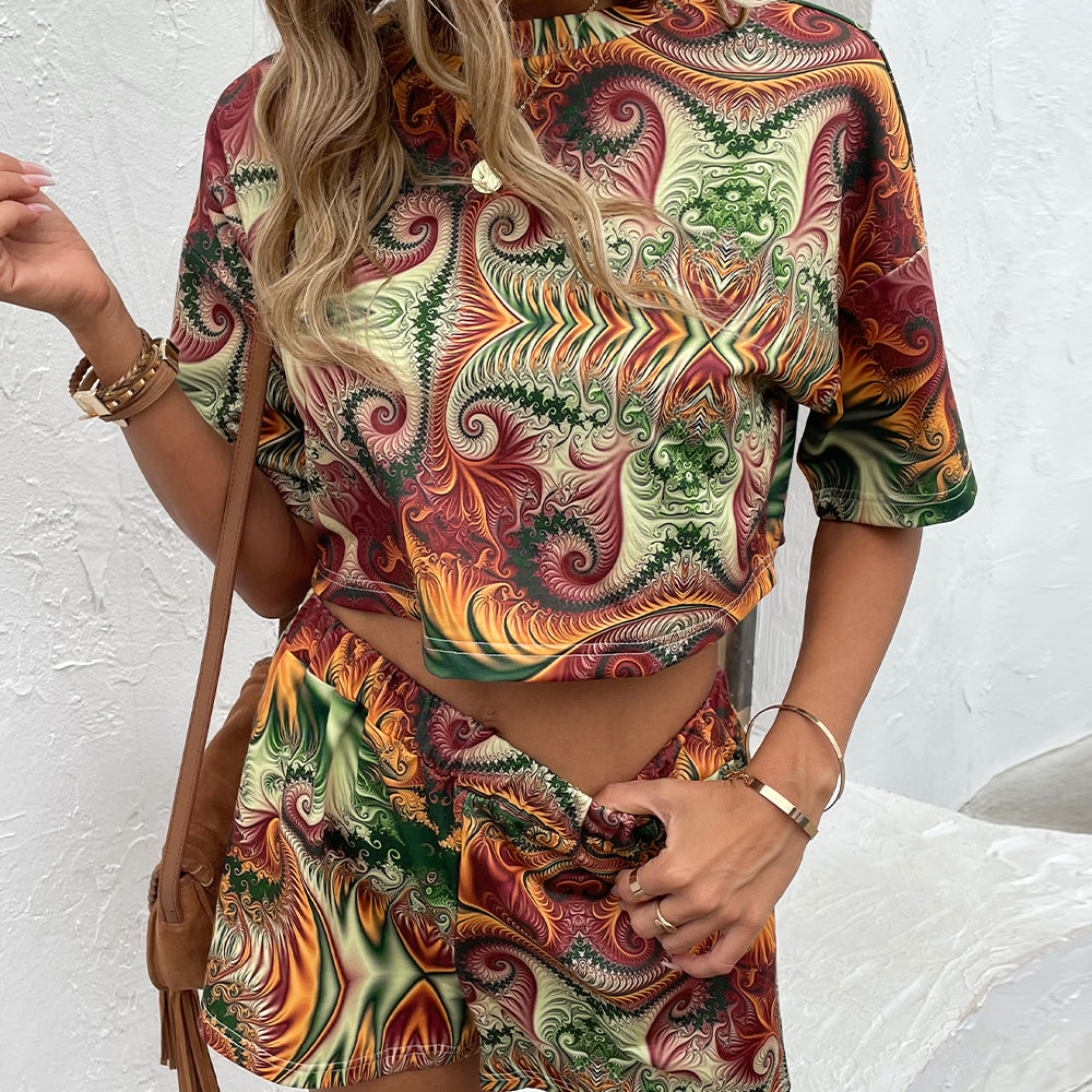 Shiny Printed Round Neck Dropped Shoulder Half Sleeve Top and Shorts Set