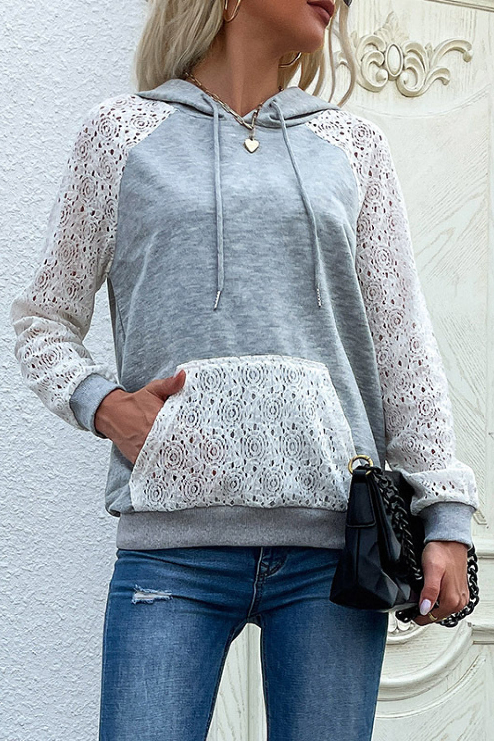 Perfee Lace Raglan Sleeve Drawstring Hoodie