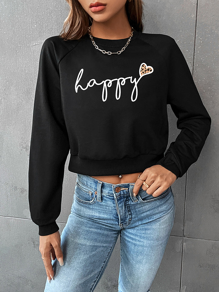 Perfee Raglan Sleeve HAPPY Graphic Sweatshirt