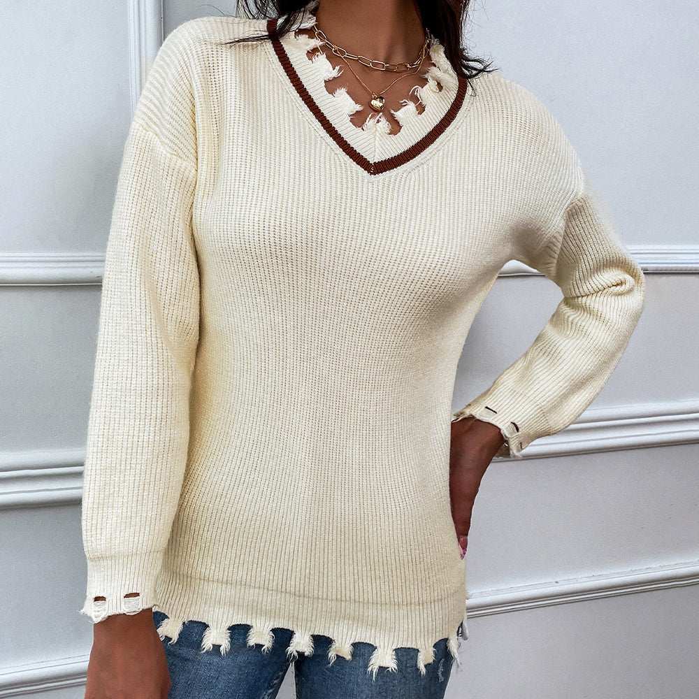 Shiny Frayed Detail V-Neck Sweater