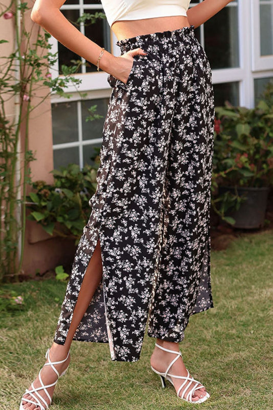 Perfee Floral Paperbag Waist Slit Ankle Wide Leg Pants