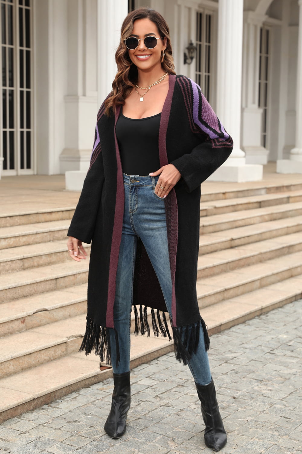 Angel Wings Geometric Fringe Hem Open Front Duster Cardigan