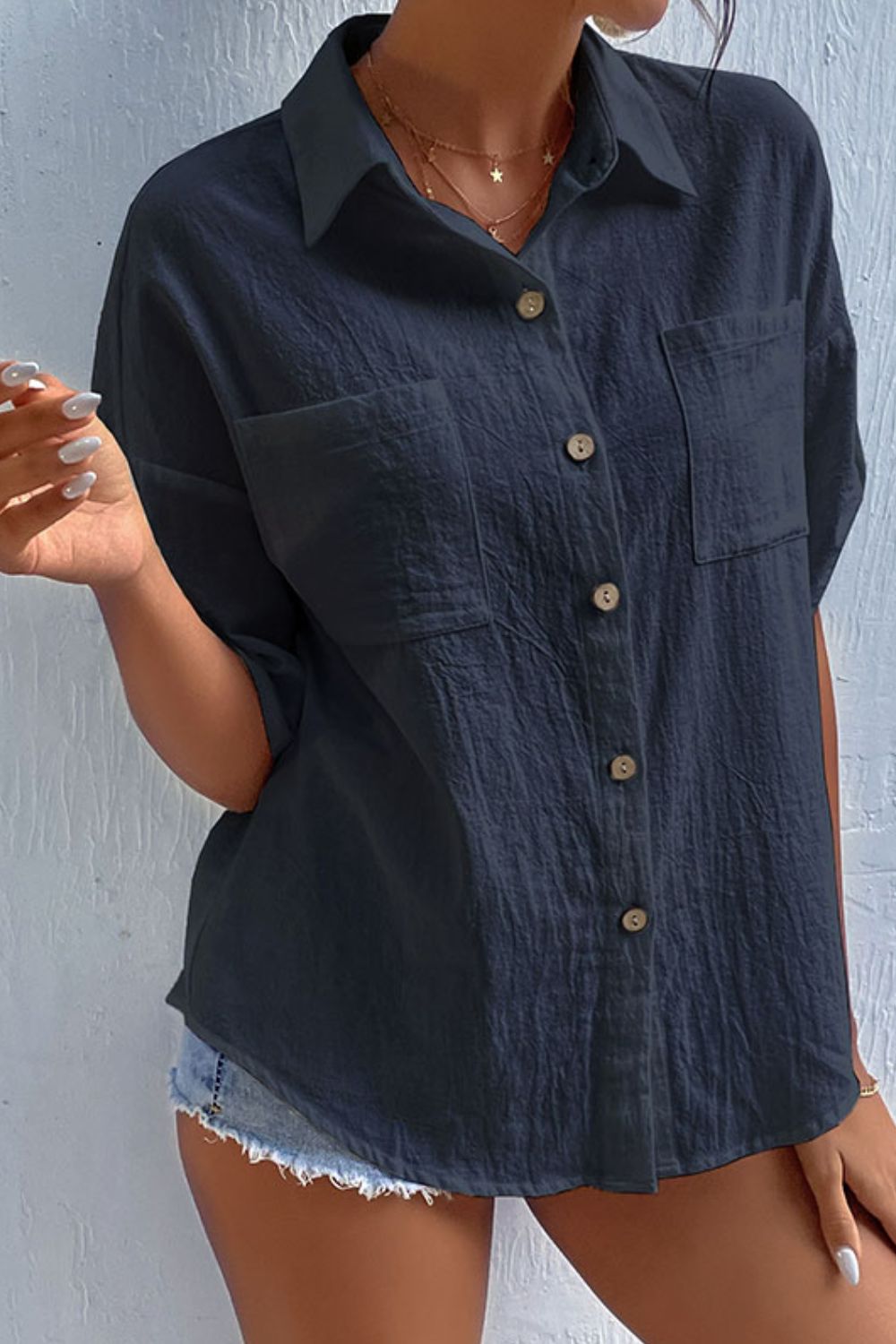 Perfee Roll-Tab Sleeve Shirt with Pockets