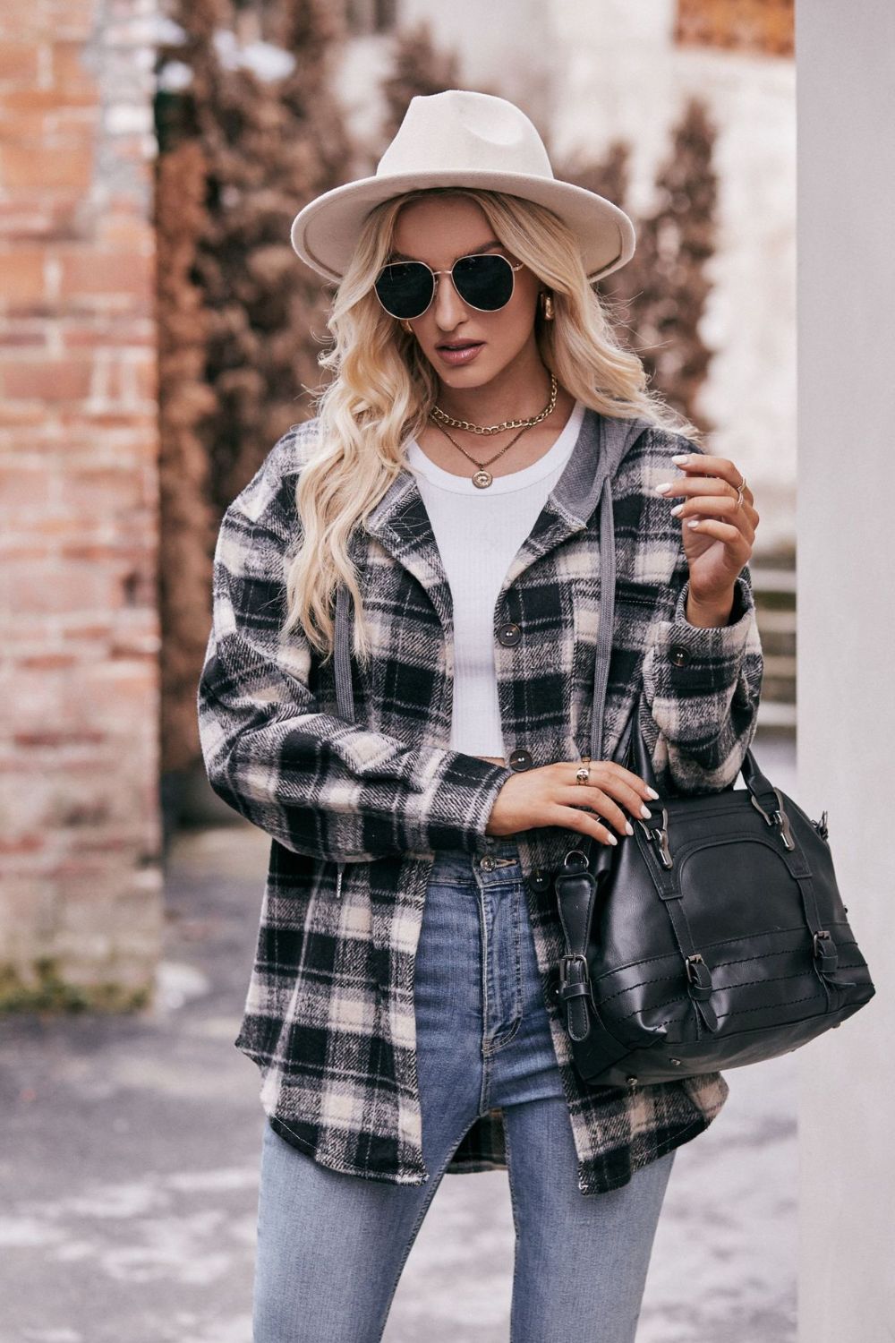 Mandy Plaid Dropped Shoulder Hooded Longline Jacket