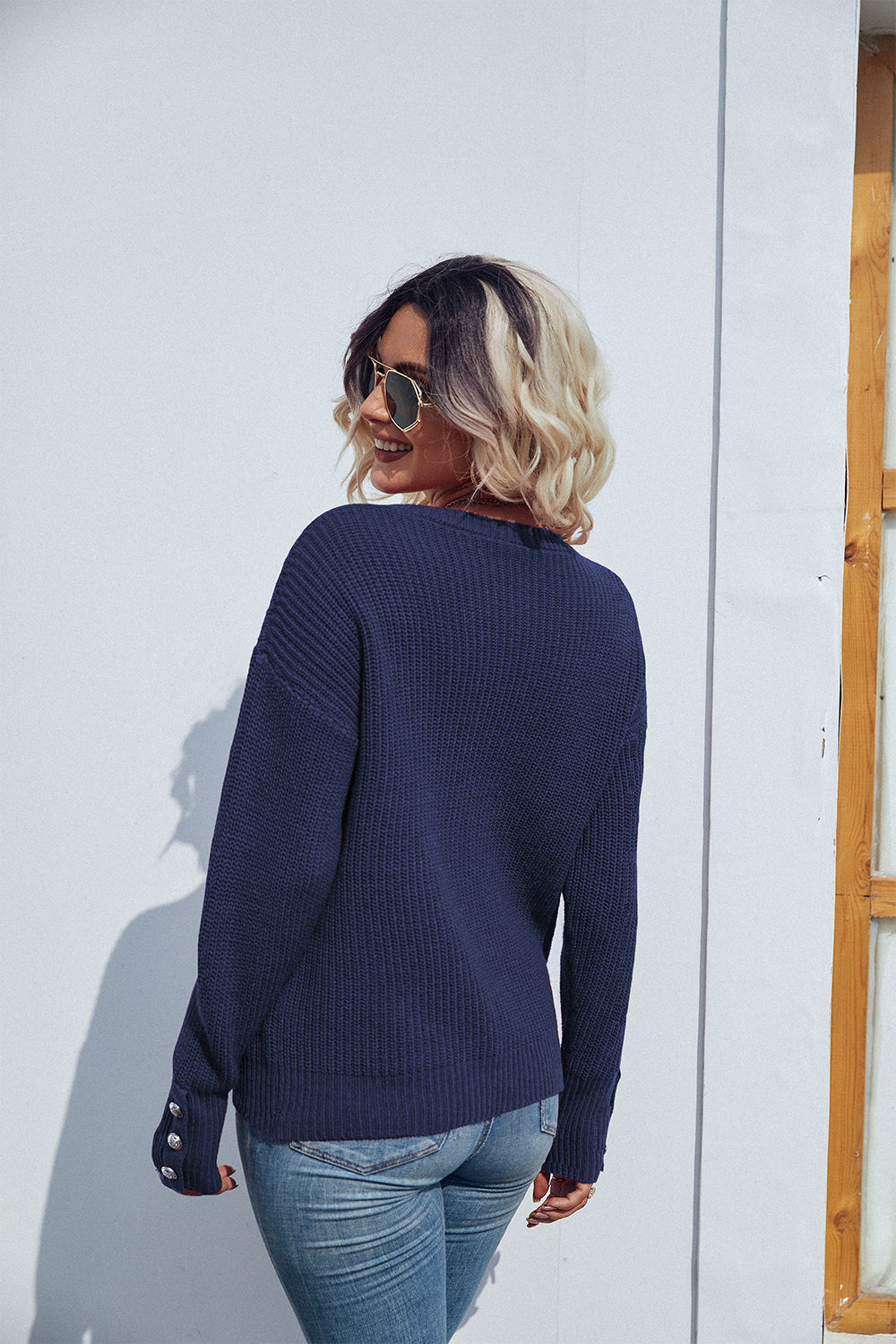 Round Neck Long Sleeve Waffle-Knit Sweater