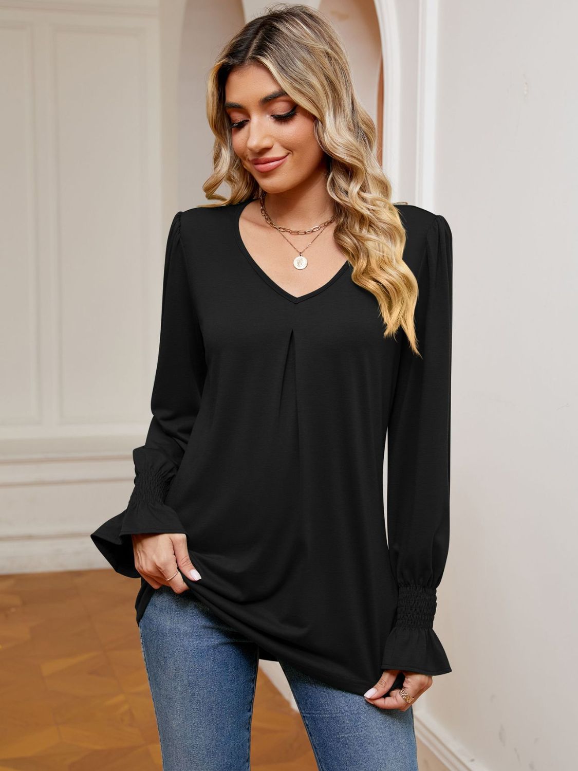 V-Neck Flounce Sleeve Blouse