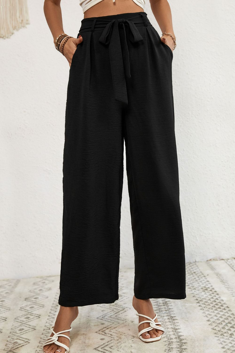 Perfee Belted Pleated Waist Wide Leg Pants