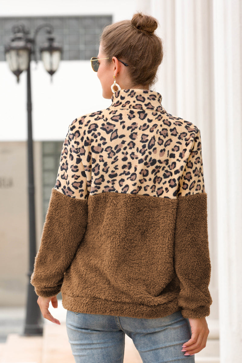 Ivy Lane Leopard Zip-Up Turtle Neck Dropped Shoulder Sweatshirt