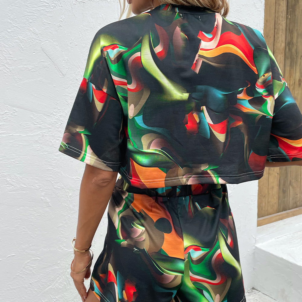 Shiny Printed Round Neck Dropped Shoulder Half Sleeve Top and Shorts Set