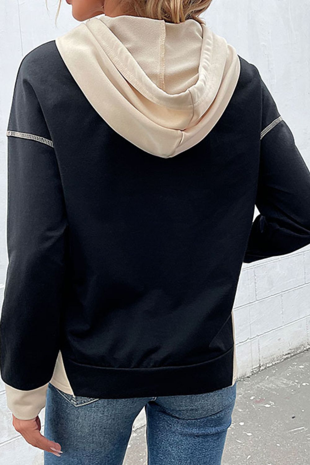 Perfee Contrast Drawstring Detail Drop Shoulder Hoodie