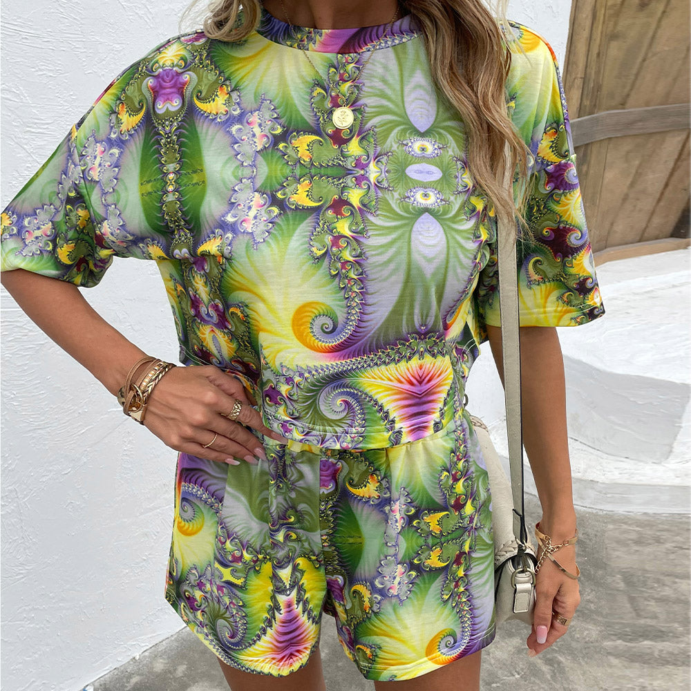 Shiny Printed Round Neck Dropped Shoulder Half Sleeve Top and Shorts Set