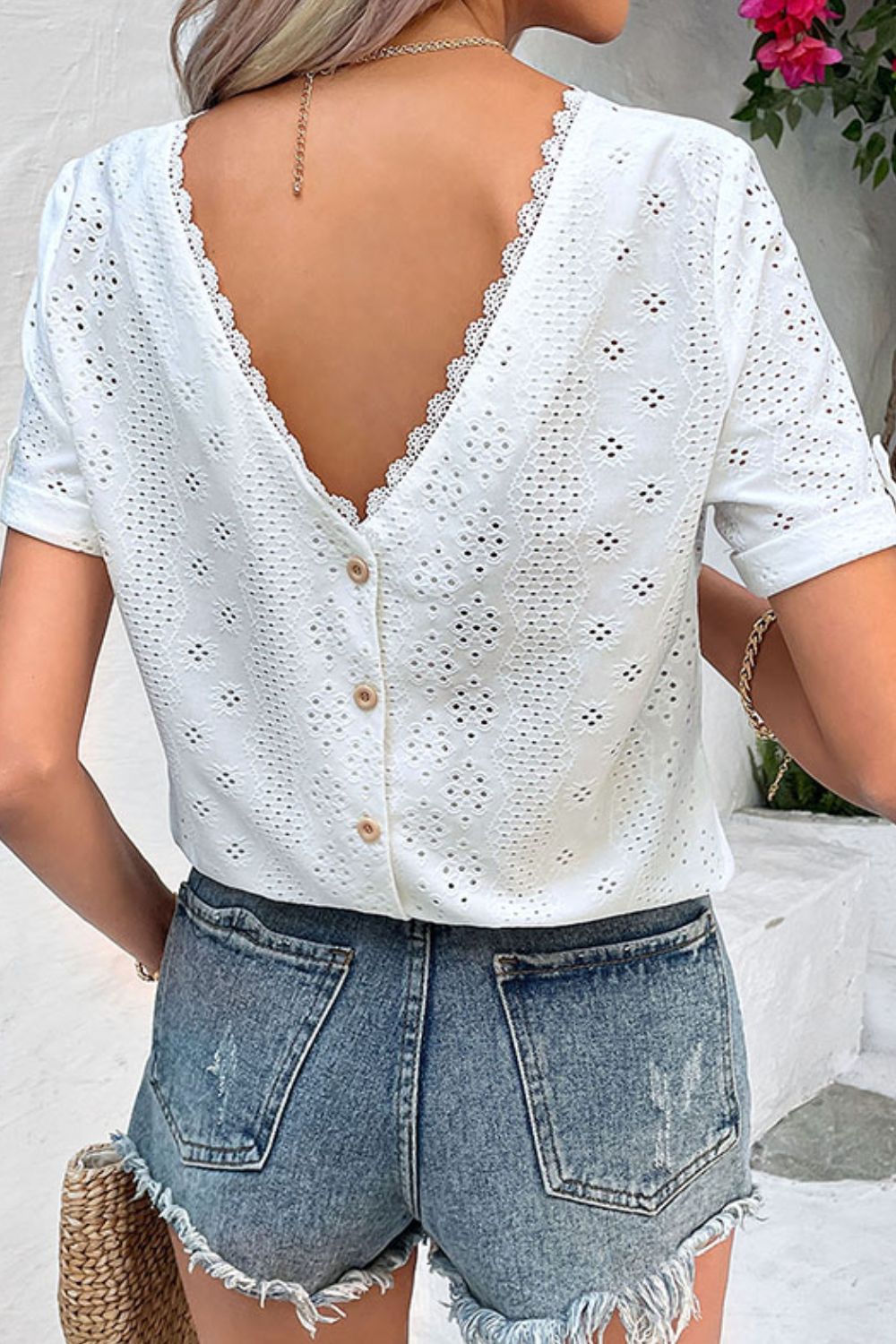 Perfee Eyelet Short Sleeve Double-Sided Shirt