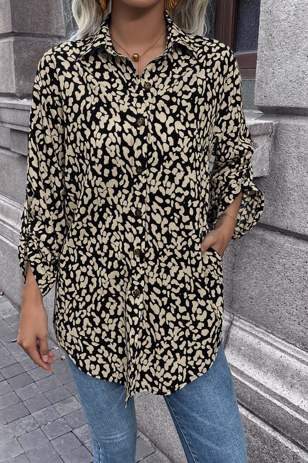 Ivy Lane Leopard Roll-Tap Sleeve Shirt