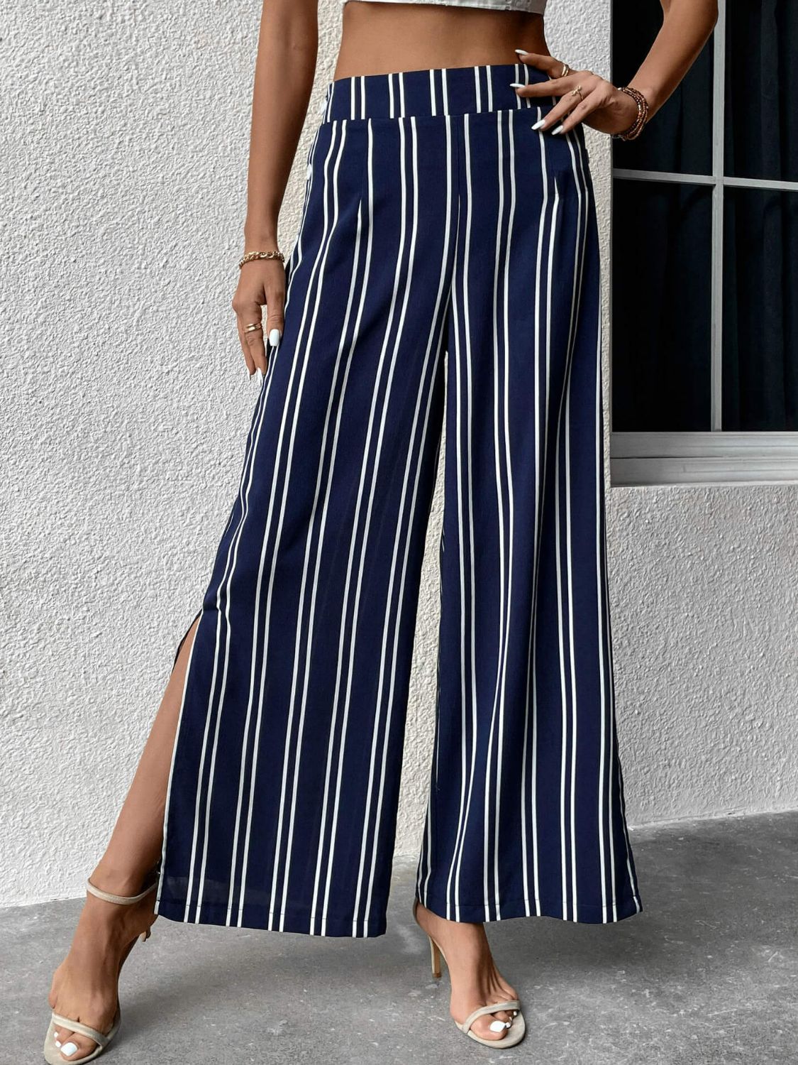 Perfee Striped Slit Wide Leg Pants