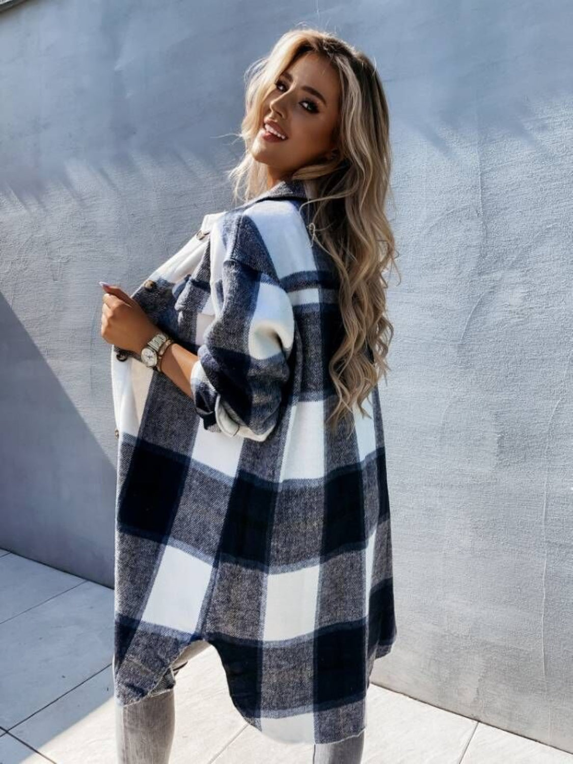 Plaid Collared Neck Longline Shirt