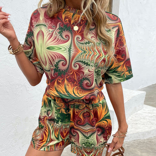 Shiny Printed Round Neck Dropped Shoulder Half Sleeve Top and Shorts Set