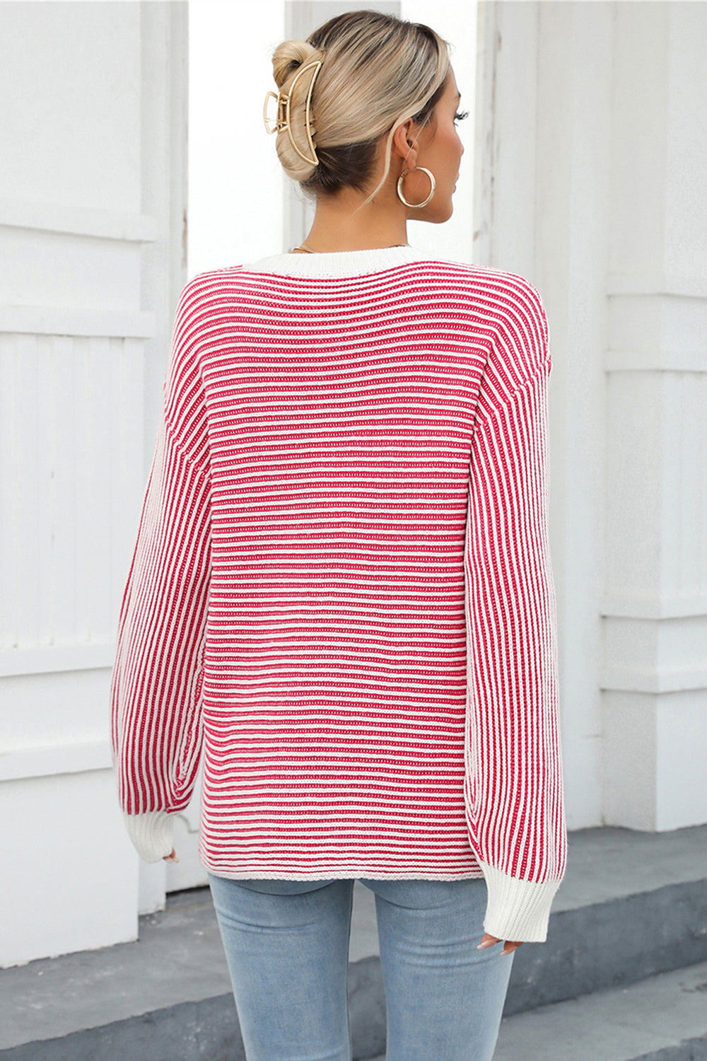 Angel Wings Striped Round Neck Long Sleeve Knit Top